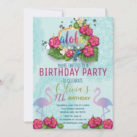 Flamingo Pool Party Birthday Tropical Invision Kaart (Voorkant)