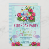 Flamingo Pool Party Birthday Tropical Invision Kaart (Voorkant / Achterkant)