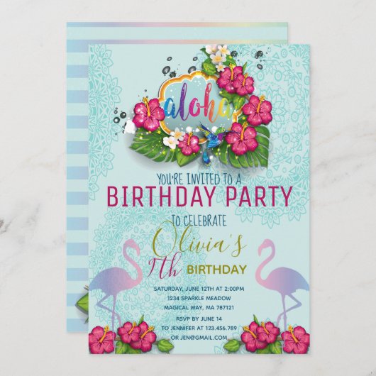 Flamingo Pool Party Birthday Tropical Invision Kaart (Voorkant / Achterkant)