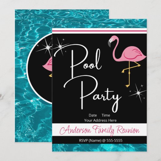 Flamingo Pool Party Familie Reünie Uitnodiging (Voorkant / Achterkant)