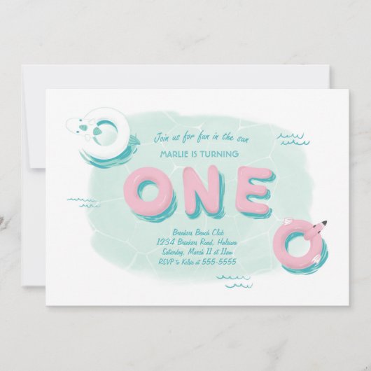 Flamingo Pool Party First Birthday Uitnodiging (Voorkant)