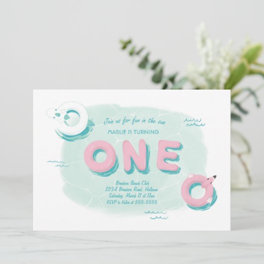 Flamingo Pool Party First Birthday Uitnodiging (Staand voorkant)