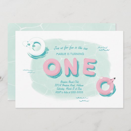 Flamingo Pool Party First Birthday Uitnodiging (Voorkant / Achterkant)