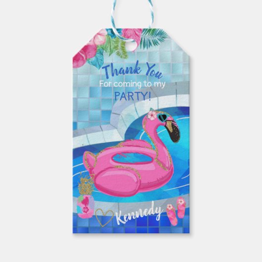 Flamingo Pool party, gunst, dank u labels, Cadeaulabel (Voorkant)