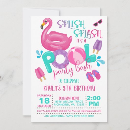 Flamingo Pool Party Invitation Kaart (Voorkant)