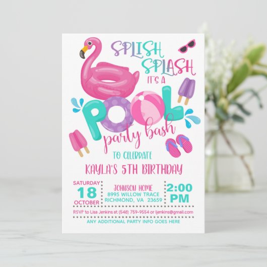 Flamingo Pool Party Invitation Kaart (Staand voorkant)