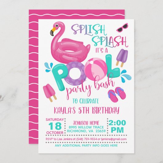 Flamingo Pool Party Invitation Kaart (Voorkant / Achterkant)