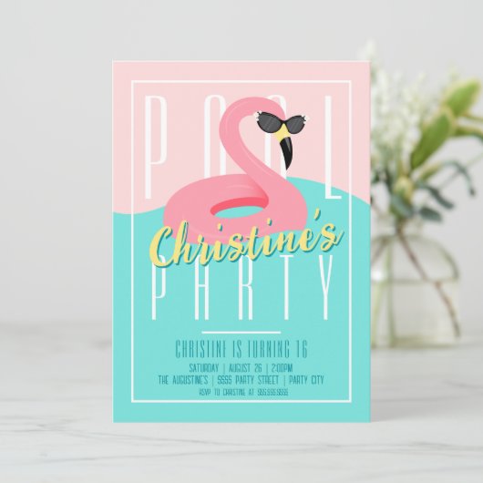Flamingo Pool Party Invitation Kaart (Staand voorkant)
