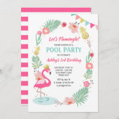 Flamingo Pool party nodiging Tropical Birthday Kaart (Voorkant / Achterkant)