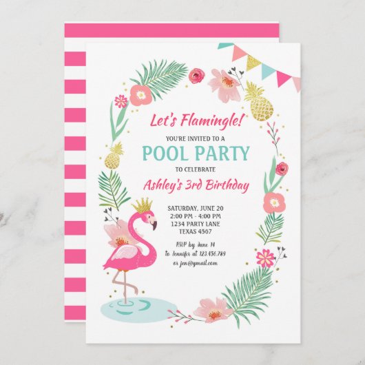 Flamingo Pool party nodiging Tropical Birthday Kaart (Voorkant / Achterkant)