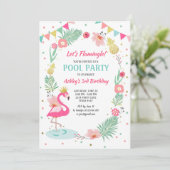 Flamingo Pool party nodiging Tropical Birthday Kaart (Staand voorkant)