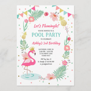 Flamingo Pool party nodiging Tropical Birthday Kaart