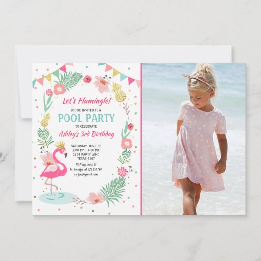 Flamingo Pool party nodiging Tropical Birthday Kaart (Voorkant)