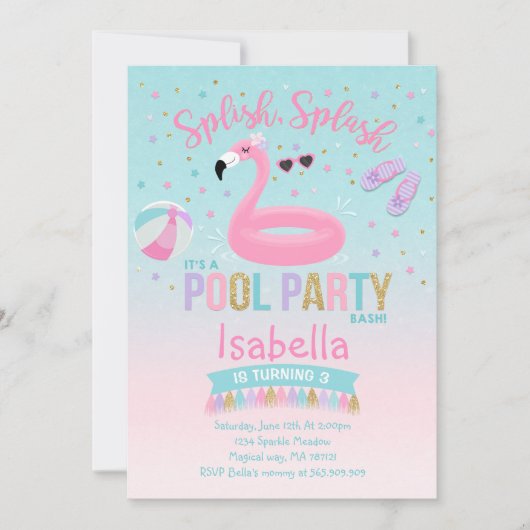 Flamingo Pool Party of Birthday Invitation Pink Go Kaart (Voorkant)