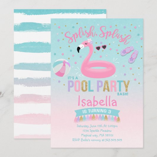 Flamingo Pool Party of Birthday Invitation Pink Go Kaart (Voorkant / Achterkant)