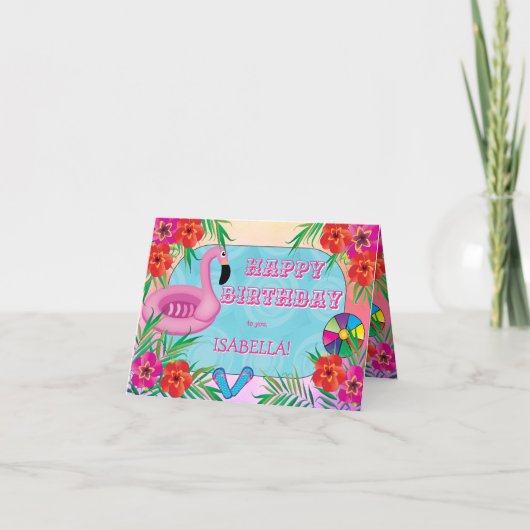 Flamingo Pool Party Pink Happy Birthday Kaart (Voorkant)