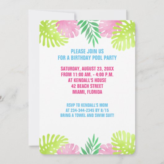 Flamingo Pool Party Tropical Birthday Invitation Kaart (Achterkant)