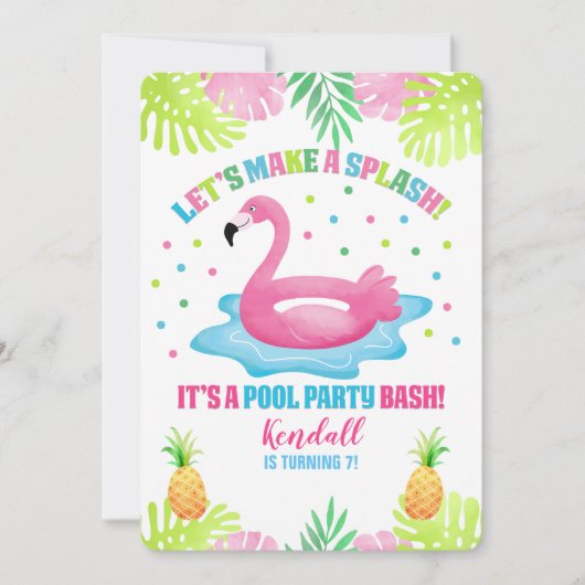 Flamingo Pool Party Tropical Birthday Invitation Kaart (Voorkant)