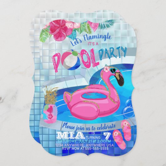Flamingo Pool Party, Tropical Birthday Invitation Kaart (Voorkant / Achterkant)