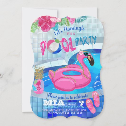 Flamingo Pool Party, Tropical Birthday Invitation Kaart (Voorkant)