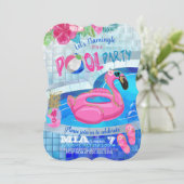 Flamingo Pool Party, Tropical Birthday Invitation Kaart (Staand voorkant)