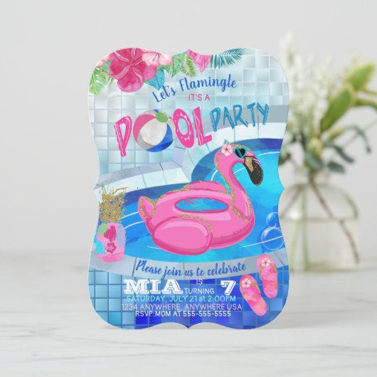 Flamingo Pool Party, Tropical Birthday Invitation Kaart (Staand voorkant)