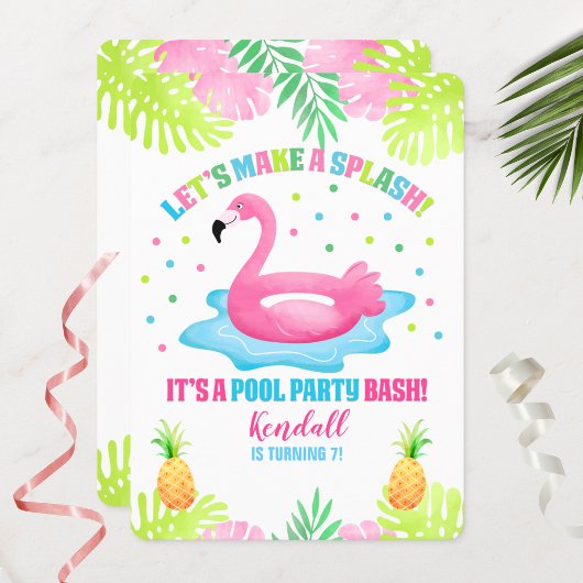 Flamingo Pool Party Tropical Birthday Invitation Kaart