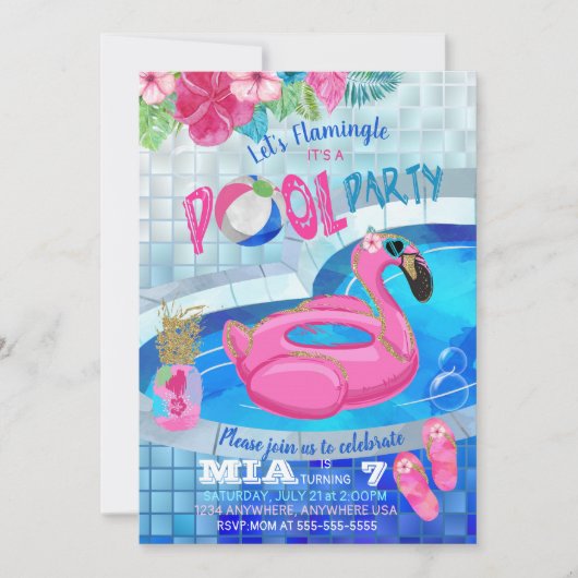 Flamingo Pool Party, Tropical    BirthdayPink Kaart (Voorkant)