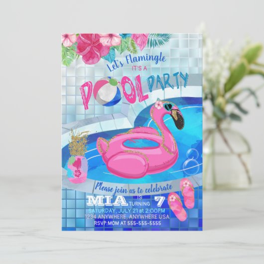 Flamingo Pool Party, Tropical    BirthdayPink Kaart (Staand voorkant)