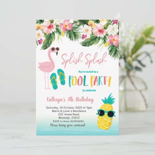Flamingo Pool Party Zomer Verjaardagsfeest Kaart (Staand voorkant)
