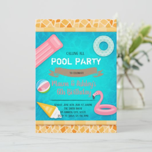 Flamingo poolparty-uitnodiging kaart (Staand voorkant)