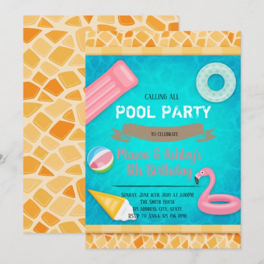 Flamingo poolparty-uitnodiging kaart (Voorkant / Achterkant)