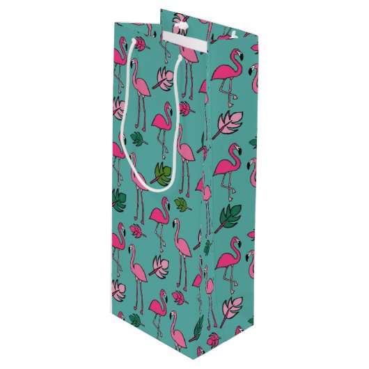 Flamingo Print Blue Wijn Cadeautas (Voorkant Gekanteld)