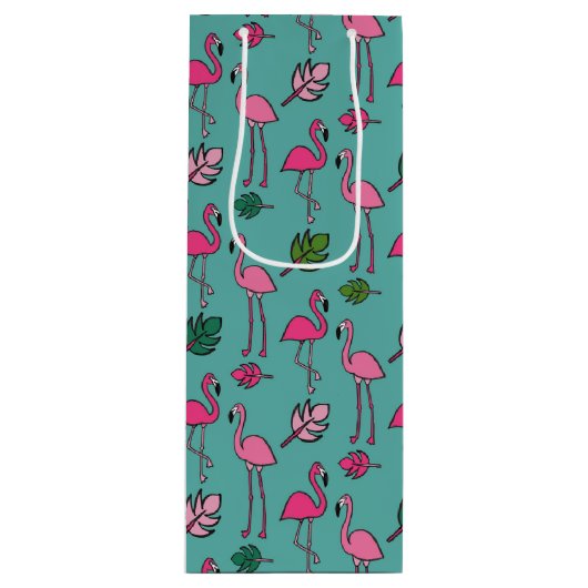 Flamingo Print Blue Wijn Cadeautas (Voorkant)
