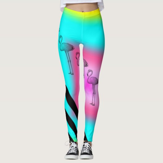 Flamingo Print Gestreepte Leggings (Voorkant)