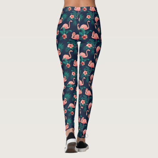 Flamingo Print, Roze Hibiscus Tropische Bloem Leggings (Achterkant)
