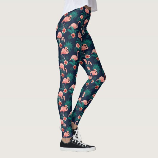 Flamingo Print, Roze Hibiscus Tropische Bloem Leggings (Rechts)