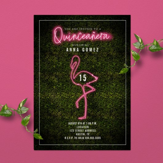 Flamingo Quinceañera Roze Neon Licht Boxwood Kaart