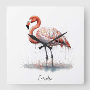 Flamingo Radiance: Watercolor Kunst, op maat Vierkante Klok