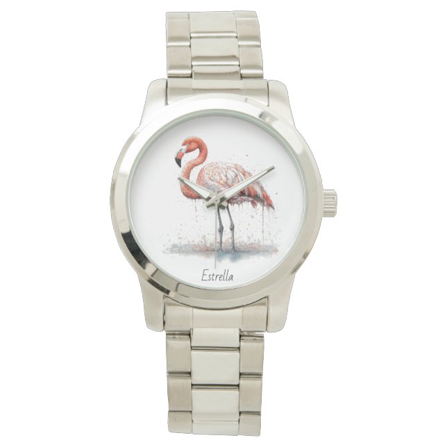 Flamingo Radiance: Waterverf Kunst, op maat Horloge (Voorkant)