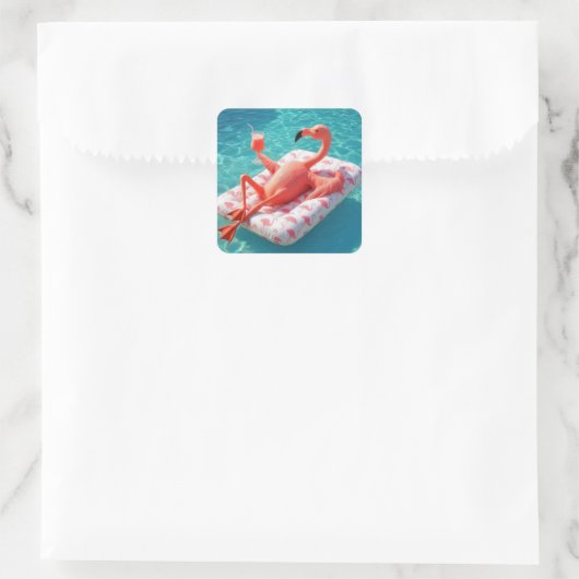 Flamingo Relaxing On a Pool Mattress Vierkante Sticker (Tas)