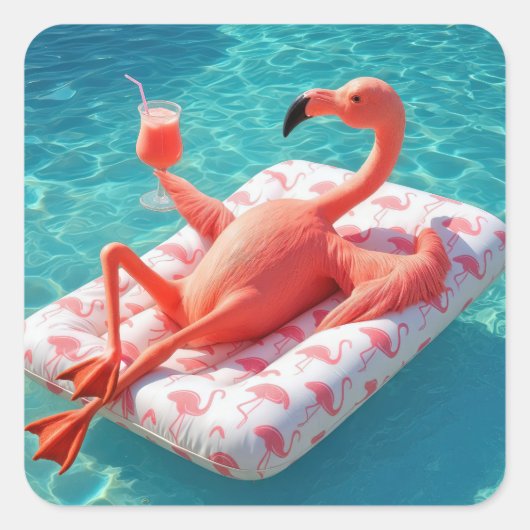 Flamingo Relaxing On a Pool Mattress Vierkante Sticker (Voorkant)
