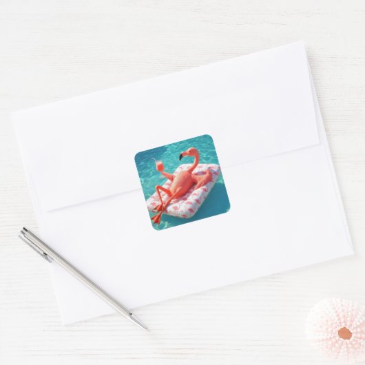 Flamingo Relaxing On a Pool Mattress Vierkante Sticker (Envelop)