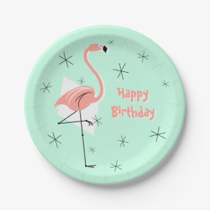 Flamingo Retro Groen Happy Birthday papier bord