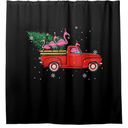 Flamingo Riding Red Truck Xmas kerstkerstmis Douchegordijn (Voorkant)