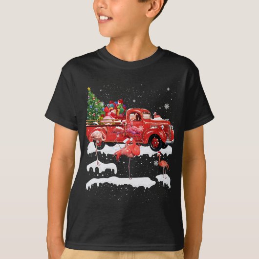Flamingo Riding Rode Vrachtwagen Vrolijk Kerstmis  T-shirt (Voorkant)