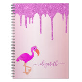 Flamingo roos goud paarse glitter druppelnaam notitieboek (Voorkant)