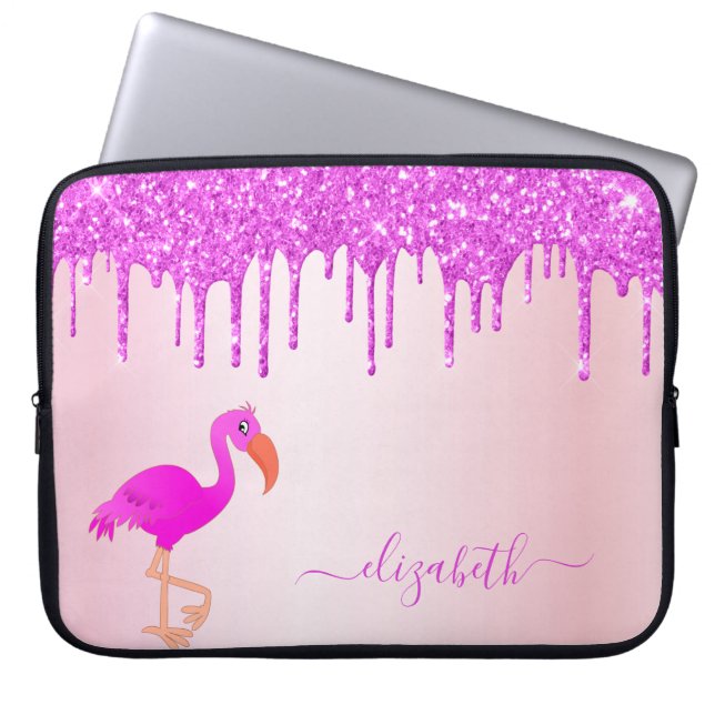 Flamingo roos goud paarse glitter druppelt monogra laptop sleeve (Voorkant)