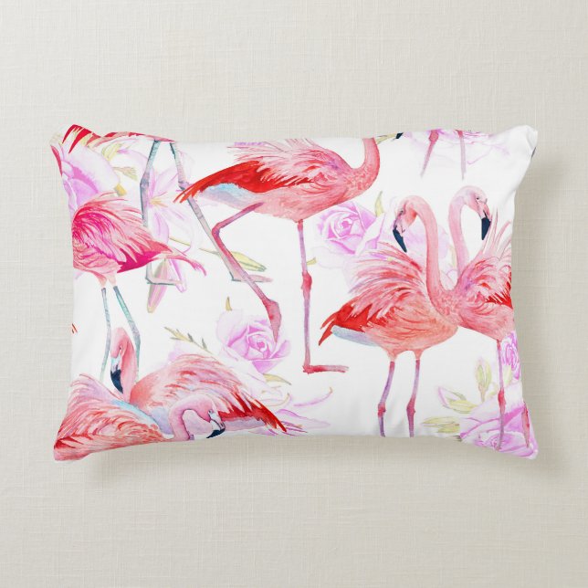 Flamingo Roos: Waterverf vogelbloem Accent Kussen (Voorkant)