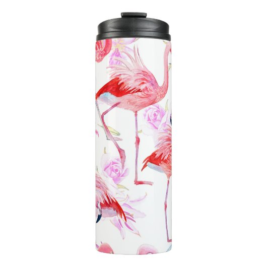 Flamingo Roos: Waterverf vogelbloem Thermosbeker (Voorkant)